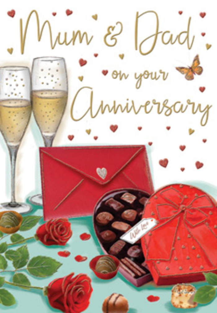The anniversary card artwork presents a richly detailed celebration scene, reminiscent of a cosy Aldershot living room prepared for a special evening with Mum and Dad. Dominating the composition are two tall champagne glasses, their clear bowls brimming with pale gold liquid, each tiny bubble rising in frozen motion, ready for a loving toast. Close by, a heart-shaped red box of chocolates lies open, inviting and indulgent. The lid, tied with a lush, deep crimson bow, curves upwards in a gentle arc, while inside, carefully arranged chocolates in varying shades of brown suggest creamy centres and crisp shells. To the side, a duo of scarlet red roses rests along the tabletop; the blooms are full and velvety, with overlapping petals that look almost soft to the touch, framed by glossy dark-green leaves that mirror the freshness of hand-tied anniversary bouquets sent across Aldershot by local florists. Scattered around the roses and chocolates are loose truffles and decorative hearts in shimmering gold and rich crimson, like confetti mid-fall. A bright red envelope sits nearby, sealed and slightly angled, suggesting a handwritten message filled with affectionate memories and family stories. Above and around the scene, softly glowing gold accents and stylised hearts float against a warm-toned background, encircling an inscription dedicated to Mum & Dad. The lighting feels gentle and homely, as though cast by a nearby lamp rather than a harsh spotlight, and the whole arrangement radiates a sense of long-term devotion, shared treats, and the quiet joy of celebrating an anniversary surrounded by the comforts of home and family.