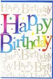 The birthday card in this image radiates celebration from edge to edge, much like the atmosphere of a lively gathering in Aldershot when friends come together to mark a special day. The central focus is a large, joyful Happy Birthday message, printed in bold, rounded letters that move through a rich rainbow gradient. Each character carries its own blend of colour, shifting from deep cherry red into vibrant orange, then into sapphire blue, emerald green, and bright lemon yellow, giving the words a dynamic, almost dancing appearance. Soft shading within the letters adds a sense of depth, making them seem slightly embossed, as though you could trace each curve with your fingertip. Scattered lightly around the text are tiny colourful specks, like miniature stars or confetti pieces, enhancing the sense of fun and spontaneity you might associate with a birthday lunch along Aldershot's High Street. Behind the commanding headline, the background is covered in repeated golden script, delicately writing out Happy Birthday to you in a looping, cursive style. The gold ink has a gentle, sparkling effect, similar to candle flames reflecting in a clear glass vase on a party table, offering an elegant shimmer beneath the louder colours. The card's surface looks smooth and slightly glossy, catching the light so the gold phrases glint softly as the card is turned. Overall, the design feels both bright and affectionate-a vibrant birthday card that doesn't just state the occasion but celebrates it wholeheartedly, ideal for pairing with a fresh bouquet delivered locally around Aldershot.