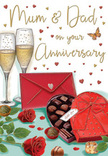 This illustrated anniversary card captures the essence of a shared celebration, the kind Aldershot families might enjoy after a home-cooked meal on a special evening. In the centre, two tall, slender champagne flutes stand side by side, filled with softly glowing golden fizz, their rims catching the light as fine bubbles rise in delicate streams. Just in front of them, a heart-shaped chocolate box in a bold, romantic red is propped open, its satin-finished lid decorated with an opulent crimson bow that spills softly across the surface. Inside the box, neat rows of truffles nestle together, shaded in warm browns that suggest rich, indulgent fillings. To the left, two deep red roses rest on the tabletop, their velvety petals unfurling in lush spirals, accompanied by fresh green leaves that recall a florist's carefully chosen stems, the same kind delivered around Aldershot from the town centre to the quiet streets near Municipal Gardens. Scattered chocolates and decorative hearts in shimmering gold and crimson drift around the main arrangement, adding a sense of playful romance. A bright red envelope, securely sealed with a tiny heart, lies just within reach, hinting that a thoughtful message for Mum and Dad is waiting to be read aloud. Subtle, hand-drawn gold details and soft crimson accents frame the central greeting, giving the artwork a warm, intimate glow. The entire composition feels like a pause before the moment of celebration-the rustle of the envelope, the clink of glasses, and the shared sweetness of chocolates marking another year of love and partnership.